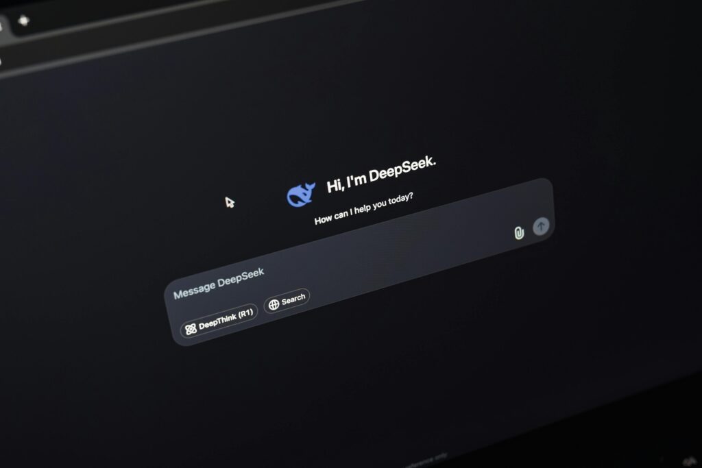 Screen displaying AI chat interface DeepSeek on a dark background.
